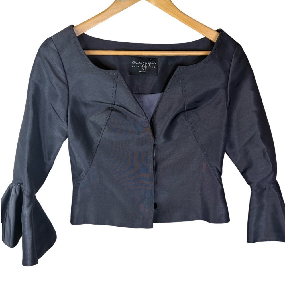 Eric Gaskins NY Size Small Black Cropped Statement Sleeve‎ Button Down Blouse